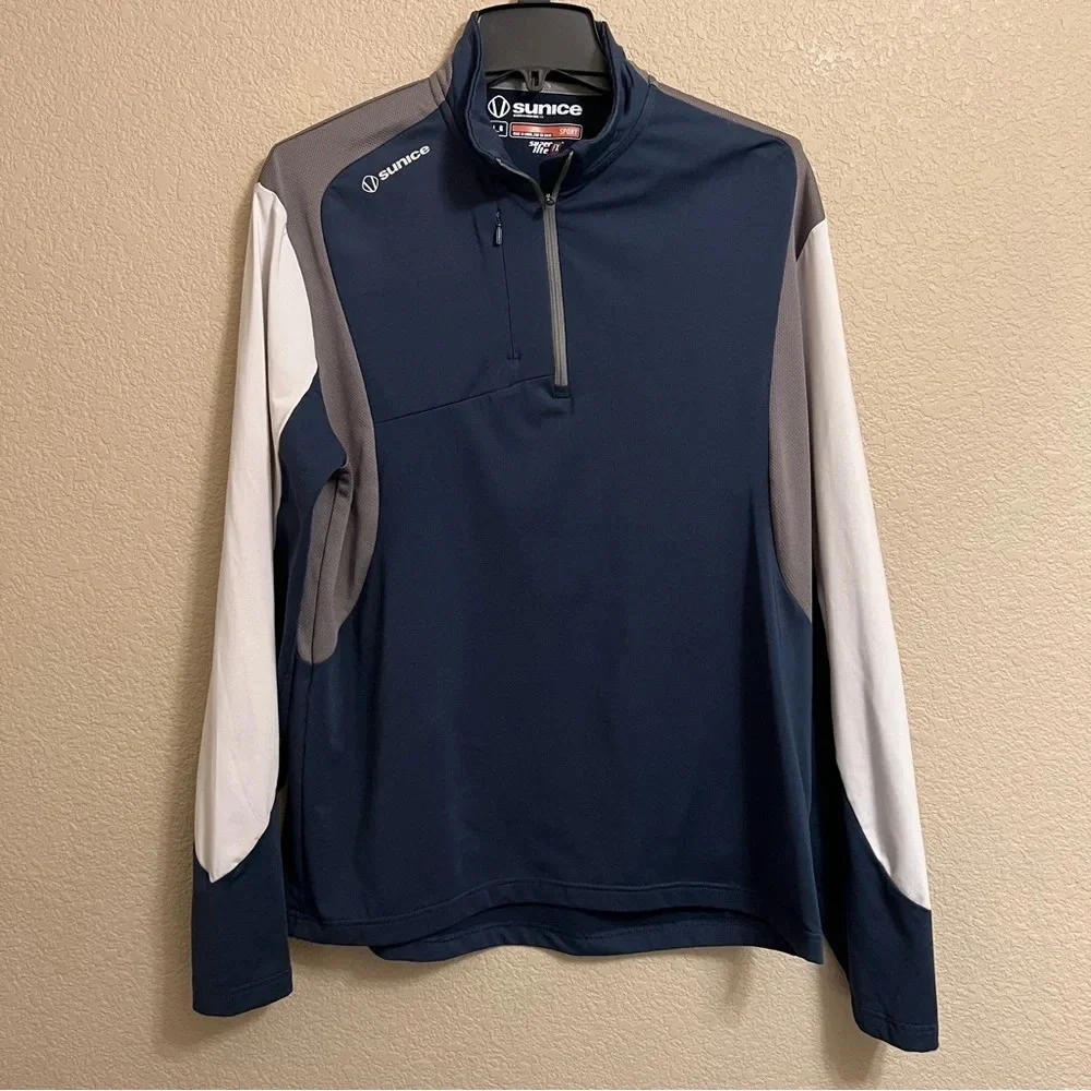Sunice Golf Pullover Mens Large Blue White Otaki Mid Layer 1/4 Quarter Zip